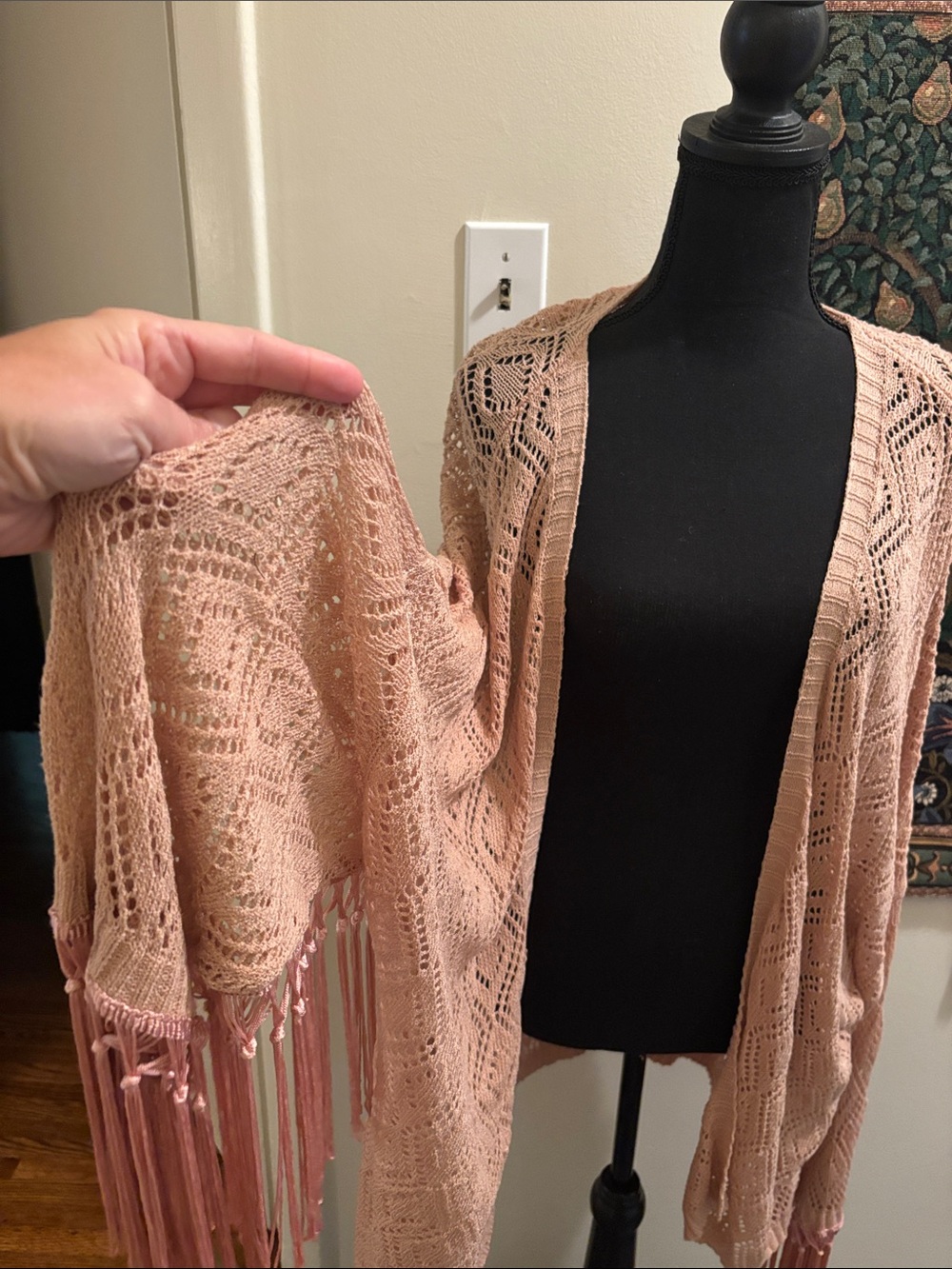 POL Batwings Pink Lace Crochet Fringe Shrug L Stevie Nicks